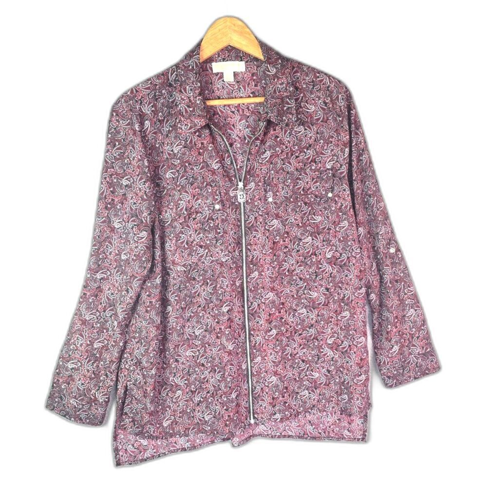 MICHAEL Michael Kors Burgundy Paisley Zip Front Tunic Blouse XL Boho Roll Tab